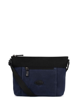 Borsa a tracolla blu navy e nera con tasca frontale con cerniera, tracolla nera regolabile e patch logo minimalista sulla superficie in tessuto.