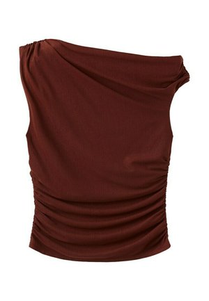 Top maro cu o singură bretea, fără mâneci, cu detalii pliate pe părțile laterale și un material neted, mulat.