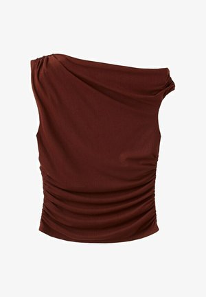 Top maro cu o singură bretea, fără mâneci, cu detalii pliate pe părțile laterale și un material neted, mulat.