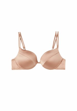 Satin blush push-up beha met gladde cups, ingewikkelde stiksels en dubbele smalle banden. Heeft een naadloos ontwerp en ondersteuning met beugels.