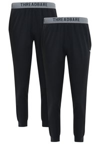 Sorte bomuldsjoggers med et gråt elastisk taljet bånd med "THREADBARE"-branding og tætsiddende manchetter ved anklerne. Glat tekstur.