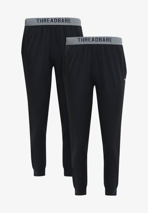 Zwarte joggingbroek met een grijze elastische tailleband, voorzien van de tekst "THREADBARE". Lichtgewicht stof met taps toelopende enkels en minimale ontwerpelementen.