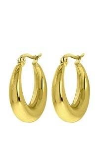 Gold hoop earrings with a polished finish, featuring a rounded shape and hinged clasp for secure wear. Standard size, lightweight design.