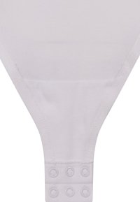 Tanga bianco in cotone caratterizzato da una superficie liscia, design minimale e chiusura a scatto con hardware circolare sul retro.