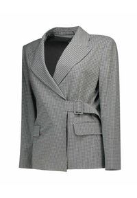 Veste grise à carreaux avec une coupe structurée, dotée d'un col châle, d'une fermeture à un bouton, de poches latérales et d'une ceinture à la taille.