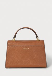 Brown textured handbag with a structured shape, top handle, and gold hardware accents. Features a logo on the front.