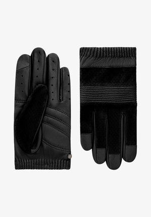 Gants noirs en cuir et en daim, dotés d'un poignet côtelé, de détails rembourrés et de motifs perforés sur la paume pour une meilleure adhérence.