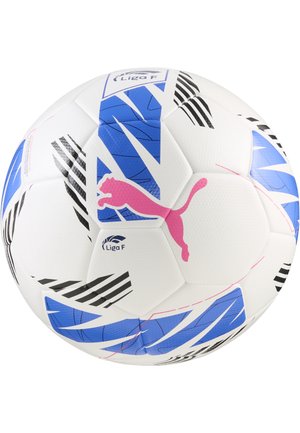 Pallone da calcio bianco con motivi geometrici blu e neri, logo Puma rosa e testo "Liga F" ed emblema su più pannelli.