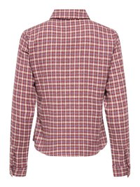 Chemise à carreaux rouge, blanc et bleu à manches longues avec col, vue de dos.