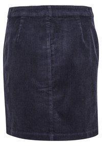 Dunkel marineblauer Cordrock mit vertikaler Rippenstruktur, verfügt über zwei Vordertaschen und einen Taillenbund, schlichtes Design mit gerader Silhouette.