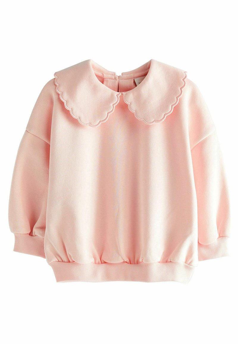Sweat-shirt bébé rose doux à manches longues, avec col Claudine festonné et poignets et ourlet côtelés, fermeture zippée devant.