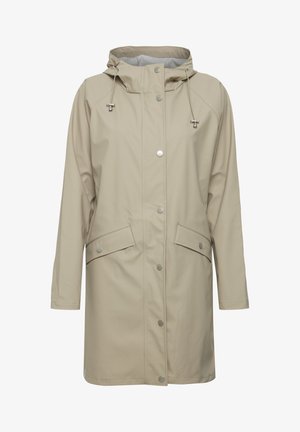 Imperméable beige avec capuche, boutons-pression, deux poches à rabat et cordon de serrage ajustable. Texture lisse, design longueur genou.