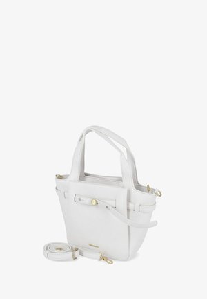Weiße Leder-Tote-Handtasche mit doppelten Griffen, abnehmbarem Schulterriemen, Vordertasche und goldfarbenen Hardware-Details.
