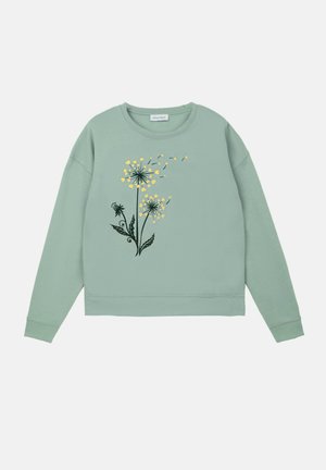 Mintgrön sweatshirt med långa ärmar som har en broderad blommönster i gult och mörkgrönt på framsidan. Texturerad tyg.