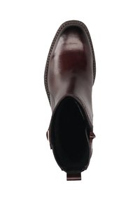 Burgunderfarbene Leder-Stiefelette mit glatter Oberfläche, runder Spitze und seitlichem Reißverschluss. Strukturierte Sohle mit genähtem Randdetail.