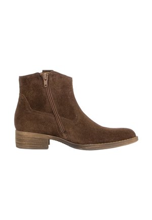 Brown suede ankle boot with low stacked heel and side zipper on white background, right profile view.