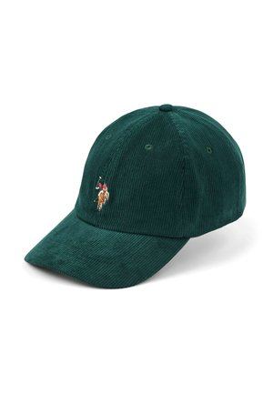 Casquette de baseball en velours côtelé vert foncé avec une visière courbée et un petit logo brodé de joueur de polo sur le panneau avant.