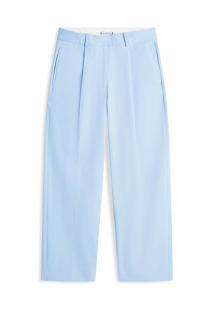 Lyseblå skræddersyede bukser med bæltestropper, forstykker, sidelommer med slidser og lige ben.