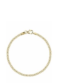 Goldfarbene Armbanduhr mit einem Perlenmuster und einem Karabinerverschluss. Glatte Textur und gleichmäßig verteilte kugelförmige Elemente.