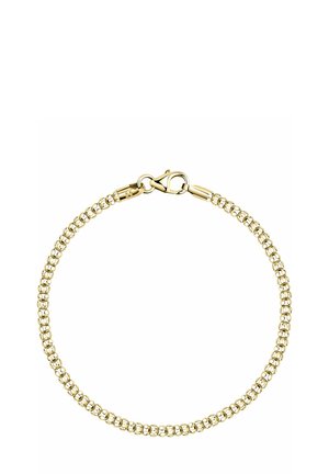 Goldfarbene Armbanduhr mit einem Perlenmuster und einem Karabinerverschluss. Glatte Textur und gleichmäßig verteilte kugelförmige Elemente.