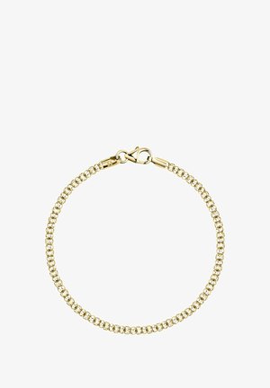 Goldfarbene Armbanduhr mit einem Perlenmuster und einem Karabinerverschluss. Glatte Textur und gleichmäßig verteilte kugelförmige Elemente.