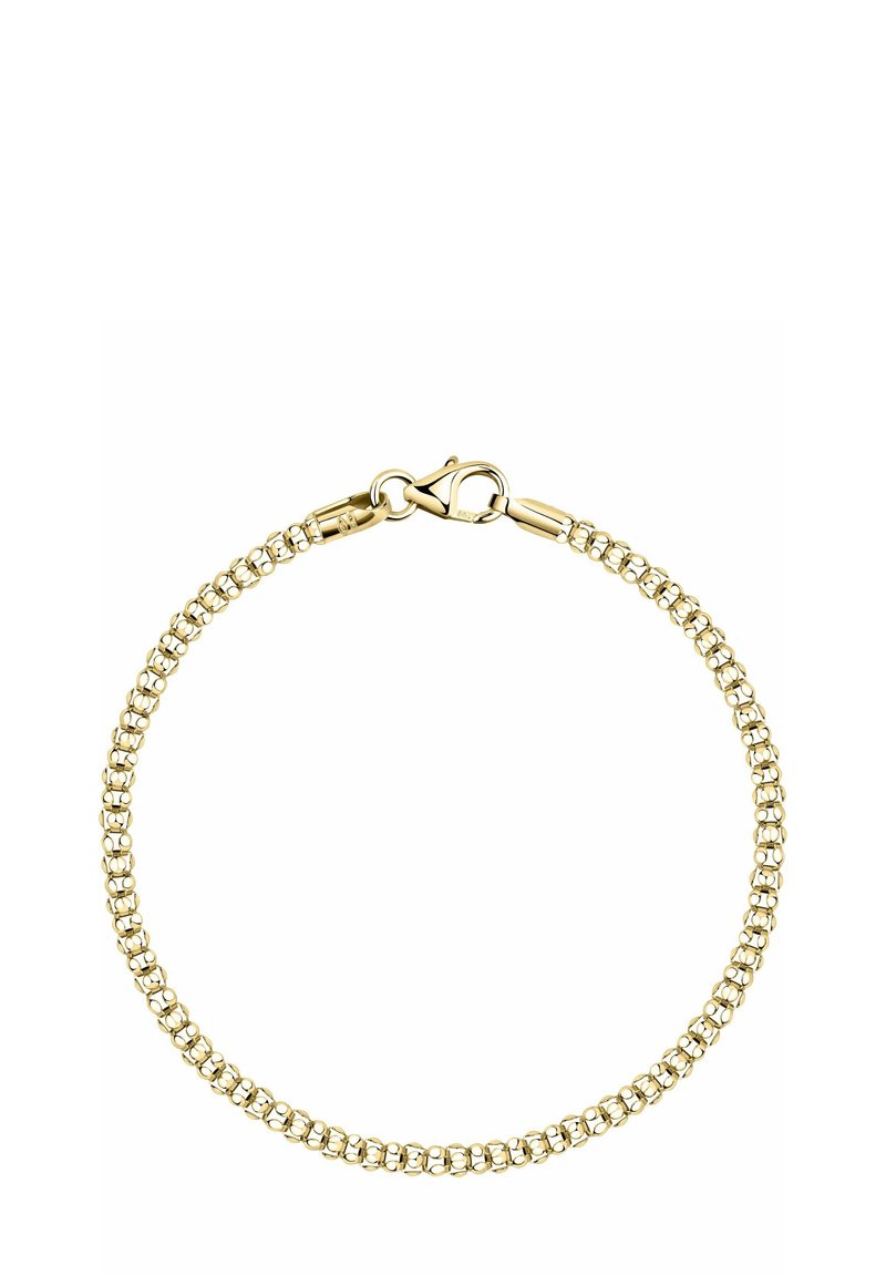 Goldfarbene Armbanduhr mit einem Perlenmuster und einem Karabinerverschluss. Glatte Textur und gleichmäßig verteilte kugelförmige Elemente.