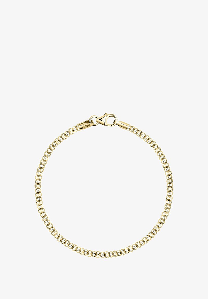 Goldfarbene Armbanduhr mit einem Perlenmuster und einem Karabinerverschluss. Glatte Textur und gleichmäßig verteilte kugelförmige Elemente.