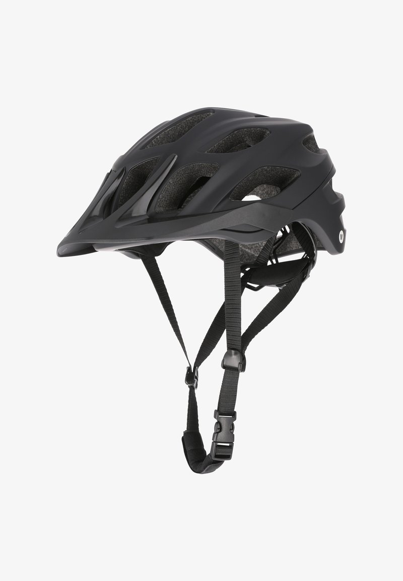 Sort mountainbike hjelm med ventilationsåbninger, justerbare hageremmer og struktureret overflade. Har et strømlinet design for sikkerhed.