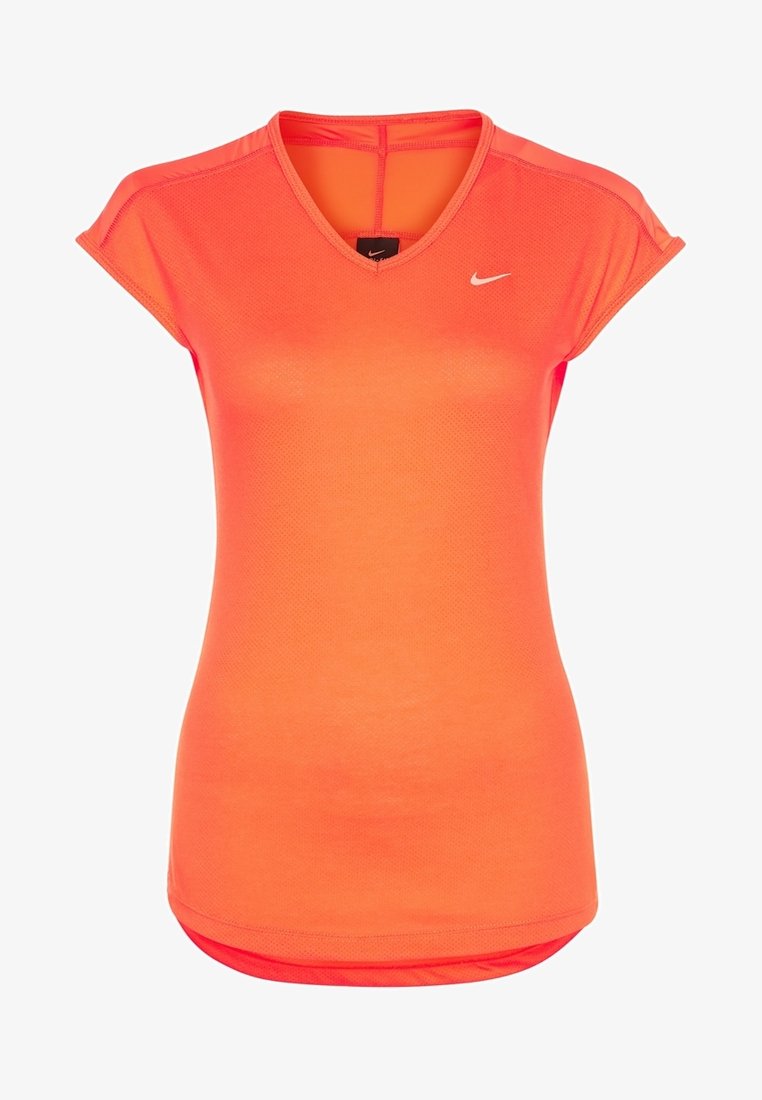 Bright orange athletic t-shirt, featuring a v-neck, short sleeves, mesh texture, and small white logo on the upper left.
