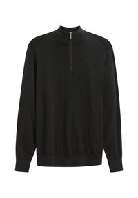 Maglione nero a collo alto con zip nella parte anteriore. Realizzato in un tessuto morbido, presenta dettagli a coste sui polsini e sul fondo.