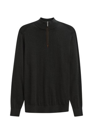 Schwarzer Pullover mit einem hohen Kragen und einem Reißverschluss vorne. Hergestellt aus weichem Stoff, mit gerippten Details an den Bündchen und dem Bund.
