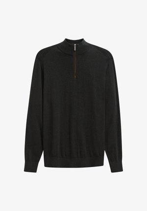 Black pullover sweater with a high neck and a zippered front. Made from soft fabric, featuring ribbed details at the cuffs and waistband.