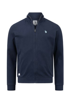 Marineblaue Reißverschlussjacke mit Stehkragen, gerippten Bündchen, zwei Seitentaschen und einem kleinen bestickten Logo auf der linken Brust.