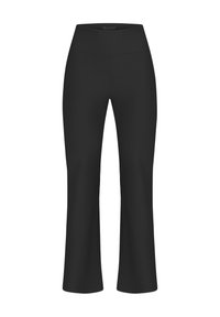 Leggings negros de canalé con una cinturilla alta, que presentan un diseño de pierna acampanada y una textura de tela suave. Sin elementos de hardware o acentos visibles.