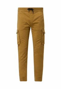 Khaki cargo kalhoty vyrobené z bavlněné směsi, s elastickým pasem na šňůrku, zúženými nohavicemi a bočními kapsami pro uložení.