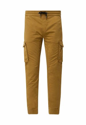 Pantaloni cargo khaki realizzati in tessuto misto cotone, con vita elasticizzata e cordoncino, gambe affusolate e tasche laterali per lo stoccaggio.