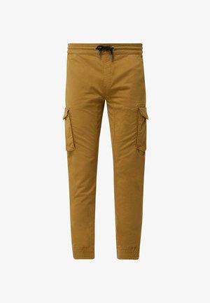 Khaki cargobroek van een katoenmix, met een elastische tailleband met trekkoord, taps toelopende benen en zijzakken voor opbergruimte.