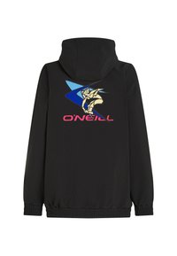 Zwarte hoodie met een grafisch ontwerp op de achterkant, met een gestileerde figuur en de tekst "O'Neill" in het roze. Elastische manchetten en onderkant.