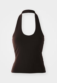 Top halter negru dintr-un material moale, cu decolteu larg și siluetă ajustată, fără alte modele sau embellishments.