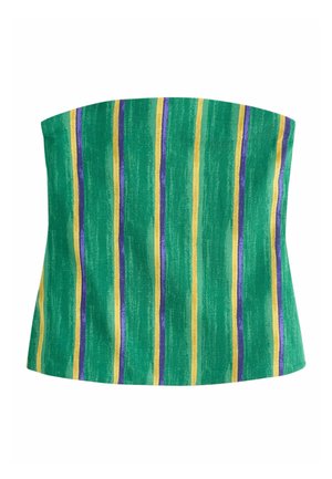 Top verde fără bretele, tip tub, cu dungi verticale galbene și mov, țesătură texturată și tiv drept.