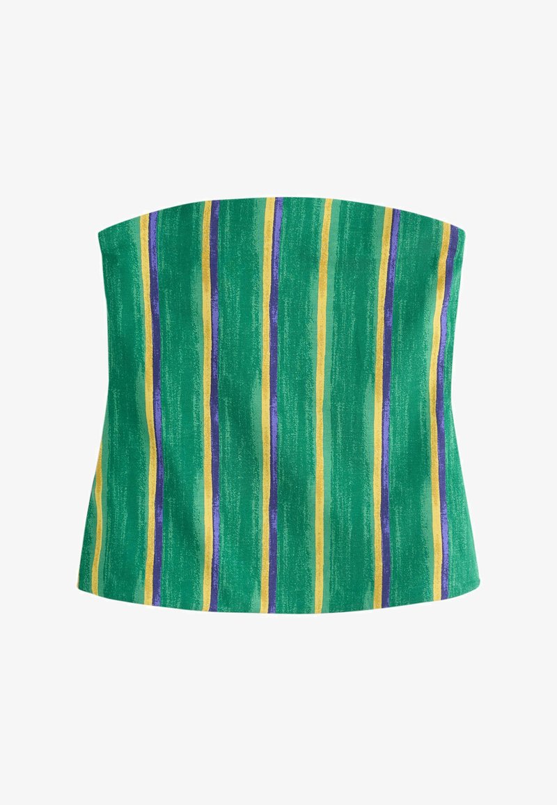 Haut tube vert sans bretelles avec rayures verticales jaunes et violettes, tissu texturé et ourlet droit.
