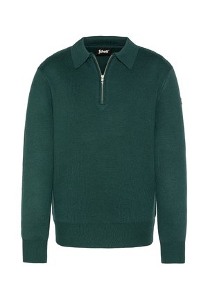 Mørkegrøn sweater med lynlås i kraven, ribbede manchetter og kant, samt en blød strikket tekstur, der har et diskret logo på ærmet.