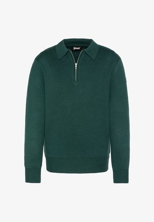Ciemnozielony sweter z zapięciem na zamek, prążkowanymi mankietami i dolnym wykończeniem oraz miękką dzianiną, z subtelnym logo na rękawie.