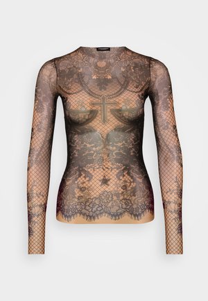 Langere mouwen doorschijnende top met intricately zwart kant en bloemmotieven, een vissennetontwerp en een hoge hals met een gladde, transparante afwerking.