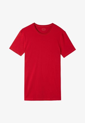 Camiseta de algodón roja con mangas cortas, un escote redondo y una textura suave. Presenta un color sólido uniforme sin patrones ni acentos.