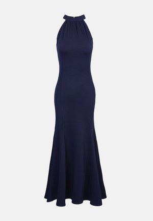 Sleeveless navy blue dress with a high neckline, fitted bodice, and flared hem. Made from a smooth, stretch fabric.