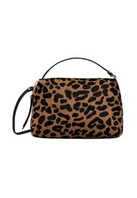 Borsa a mano rettangolare con stampa leopardata nera e marrone, dotata di un manico superiore nero e di una tracolla staccabile con metalleria dorata.