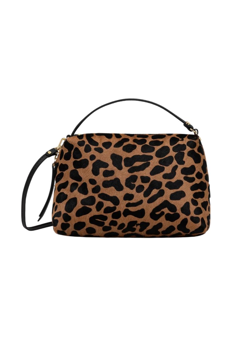 Borsa a mano rettangolare con stampa leopardata nera e marrone, dotata di un manico superiore nero e di una tracolla staccabile con metalleria dorata.