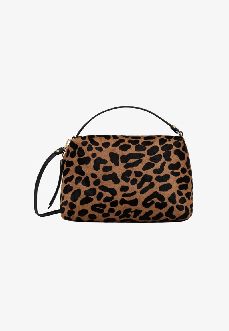 Borsa a mano rettangolare con stampa leopardata nera e marrone, dotata di un manico superiore nero e di una tracolla staccabile con metalleria dorata.