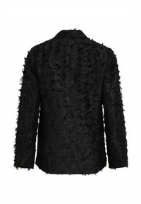 Black jacket with textured, frayed fabric, featuring a collar, long sleeves, and an unstructured silhouette, viewed from the back.